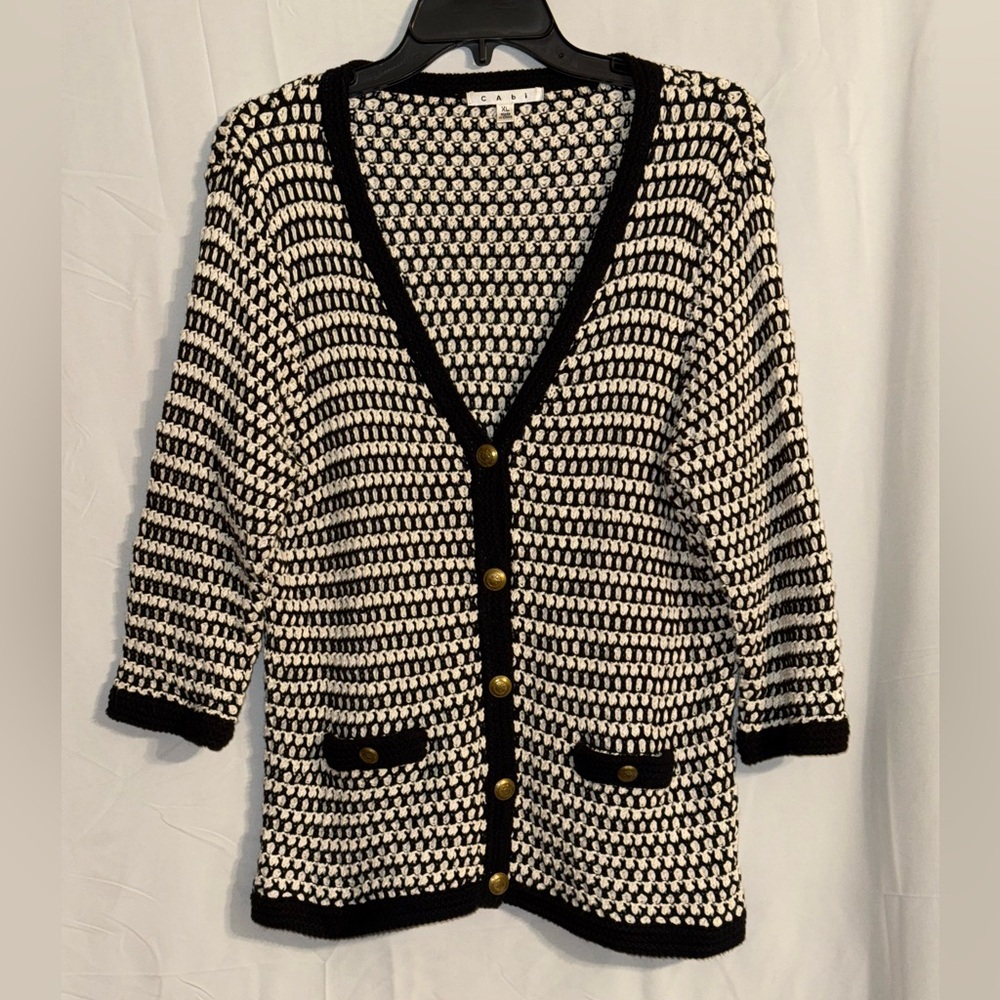 CAbi Black and Cream Knit Button Cardigan